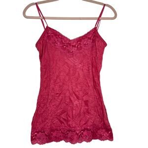 Sm Maurices Y2K Pink Lace Trim Crinkle Cami Tank Top Layering Romantic Coquette
